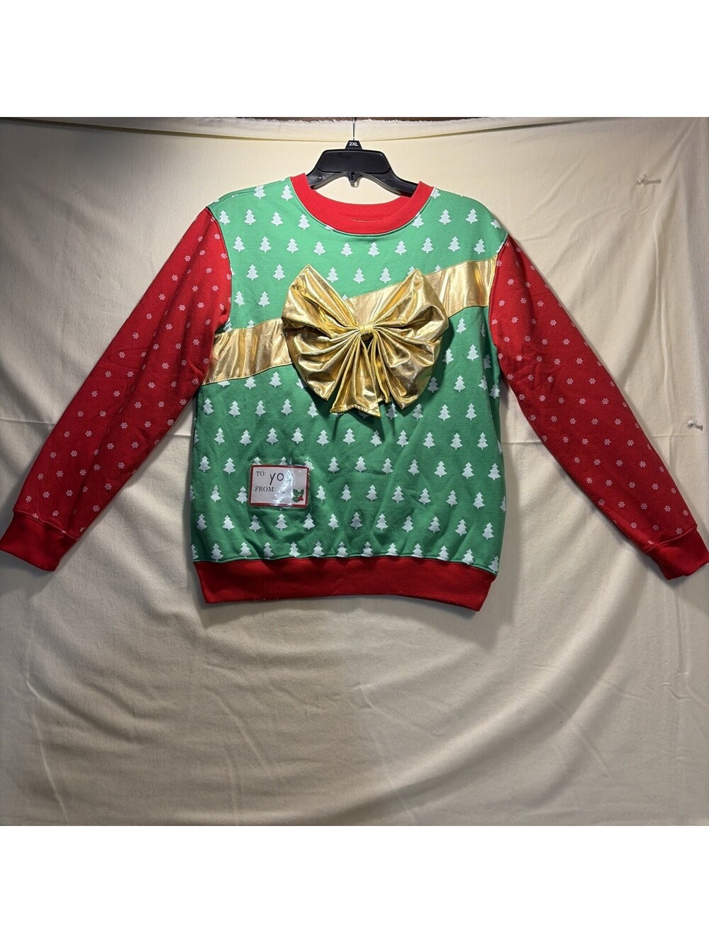 Awake Gold Bow Package Ugly Christmas Sweatshirt To/From Tag Medium